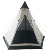 Beige og sort pyramideformet telt med lynlåsåbning foran, netdør og forstærkede hjørner. Ideelt til camping, rummeligt indvendigt og vejrbeskyttelse. Pløkker og barduner medfølger.