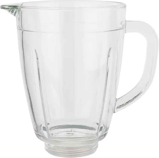 Gennemsigtig blenderkande i glas med håndtag og hældetud, gevind i bunden til knivmontering, lodrette riller på siderne, ideel til blendning og servering af væsker.