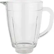 Gennemsigtig blenderkande i glas med håndtag og hældetud, gevind i bunden til knivmontering, lodrette riller på siderne, ideel til blendning og servering af væsker.