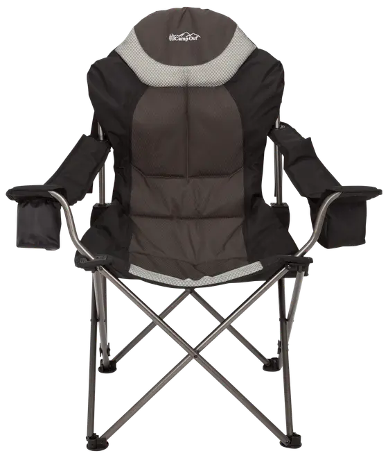 Svart vadderad hopfällbar campingstol med armstöd, mugghållare på båda sidor och stabil metallram. Hög rygg och meshtyg för extra komfort och ventilation.