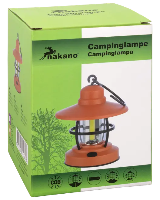 Nakano campinglampe med orange top, sort håndtag og beskyttelsesbur. COB LED-teknologi, batteridrevet, velegnet til udendørs brug. Kompakt og bærbar til camping og vandreture.