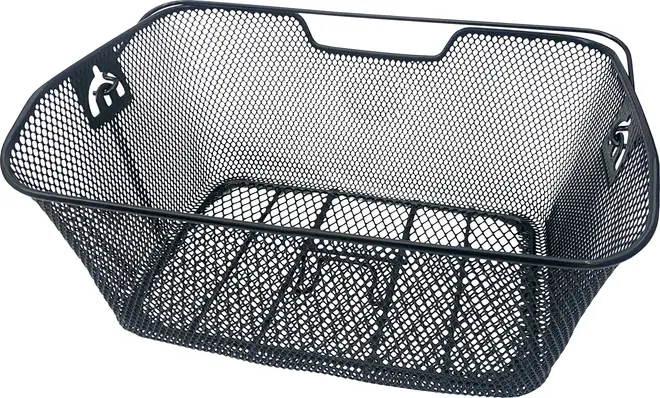 Rectangular black metal basket with a mesh design, featuring reinforced edges and a slightly tapered shape. The basket has a cut-out handle on one side for easy carrying and two decorative cut-out patterns on the shorter sides. The mesh construction allows for ventilation and visibility of contents, while the sturdy frame provides durability and support for carrying items.