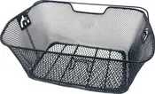 Rectangular black metal basket with a mesh design, featuring reinforced edges and a slightly tapered shape. The basket has a cut-out handle on one side for easy carrying and two decorative cut-out patterns on the shorter sides. The mesh construction allows for ventilation and visibility of contents, while the sturdy frame provides durability and support for carrying items.