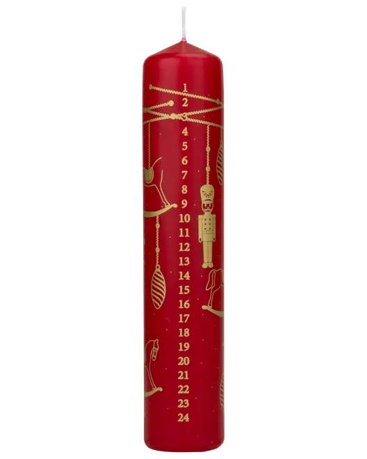 Högt rött adventsljus med guldnummer 1–24 och festliga nötknäppar- och ornamentmotiv.