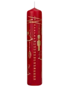 Högt rött adventsljus med guldnummer 1–24 och festliga nötknäppar- och ornamentmotiv.