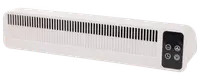 Vit elektrisk väggvärmare med svarta ventilationsspringor och digital kontrollpanel med fyra touchknappar för ström, timer och inställningar. Smal, modern design för hem eller kontor.