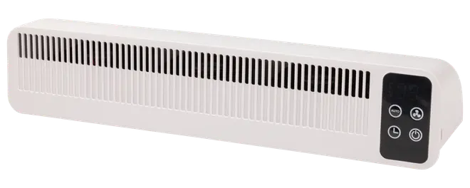 Vit elektrisk väggvärmare med svarta ventilationsspringor och digital kontrollpanel med fyra touchknappar för ström, timer och inställningar. Smal, modern design för hem eller kontor.
