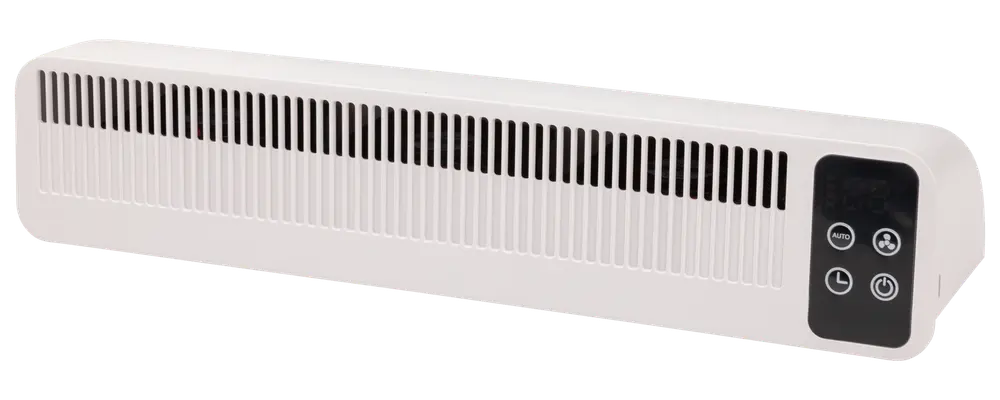 Vit elektrisk väggvärmare med svarta ventilationsspringor och digital kontrollpanel med fyra touchknappar för ström, timer och inställningar. Smal, modern design för hem eller kontor.