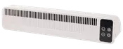 Vit elektrisk väggvärmare med svarta ventilationsspringor och digital kontrollpanel med fyra touchknappar för ström, timer och inställningar. Smal, modern design för hem eller kontor.