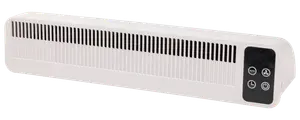 Vit elektrisk väggvärmare med svarta ventilationsspringor och digital kontrollpanel med fyra touchknappar för ström, timer och inställningar. Smal, modern design för hem eller kontor.