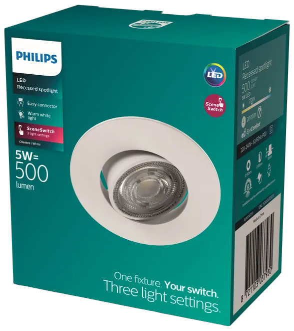 Philips LED indbygget spotlys, 5W, 500 lumen, hvid, nem tilslutning, varmt hvidt lys, SceneSwitch med tre lysindstillinger, egnet til loftmontering indendørs.
