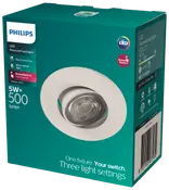 Philips LED indbygget spotlys, 5W, 500 lumen, hvid, nem tilslutning, varmt hvidt lys, SceneSwitch med tre lysindstillinger, egnet til loftmontering indendørs.