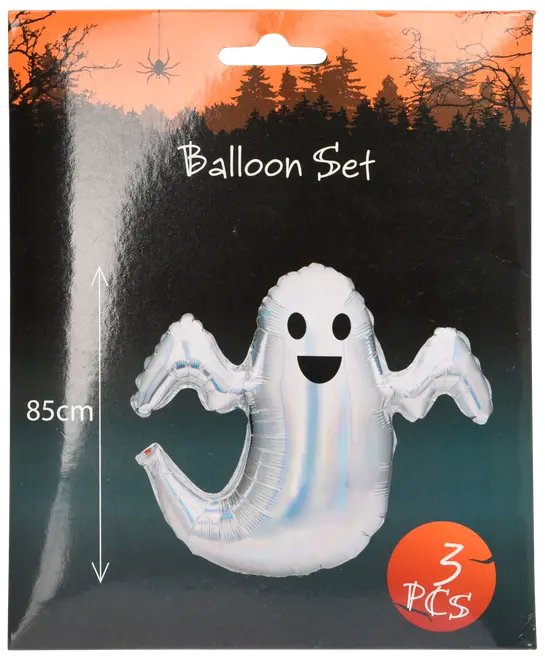 Halloween ballon sæt med tre 85 cm spøgelsesformede folieballoner med smilende ansigter. Perfekt til festdekoration, skinnende sølv finish, nem at oppuste, festlig emballage.