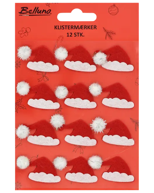 Förpackning med 12 tomteluvor-klistermärken, röda med vit fluffig boll och kant, på röd bakgrund. Perfekt för julpyssel, dekoration eller presentinslagning.