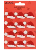 Förpackning med 12 tomteluvor-klistermärken, röda med vit fluffig boll och kant, på röd bakgrund. Perfekt för julpyssel, dekoration eller presentinslagning.