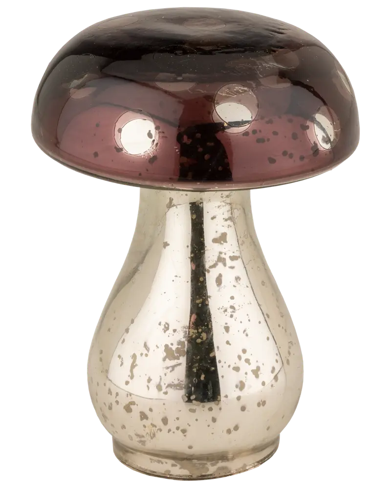 Dekorativ svamp i glas med silverfärgad fot och blankt, mörklila hatt. Prickigt, vintageinspirerat utseende. Passar som inredningsdetalj eller lekfull dekoration.