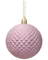 Rosa julgranskula med diamantmönster, glittrig yta och guldfärgat upphäng. Passar till granpynt eller dekoration. Diameter cirka 8 cm.