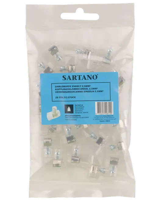 Klar plastpose med 25 enkelt ledningsforbindelser, 2,5mm² kapacitet, med metalskruer. Blå etiket med produktinformation og stregkode. Velegnet til elektriske installationer.