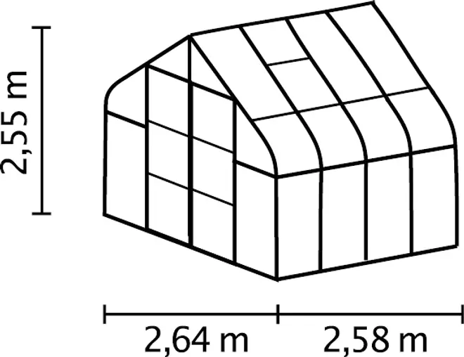 Växthus med sadeltak, genomskinliga paneler och svart ram. Mått: 2,64 m brett, 2,58 m djupt, 2,55 m högt. Passar för odling eller växtskydd.