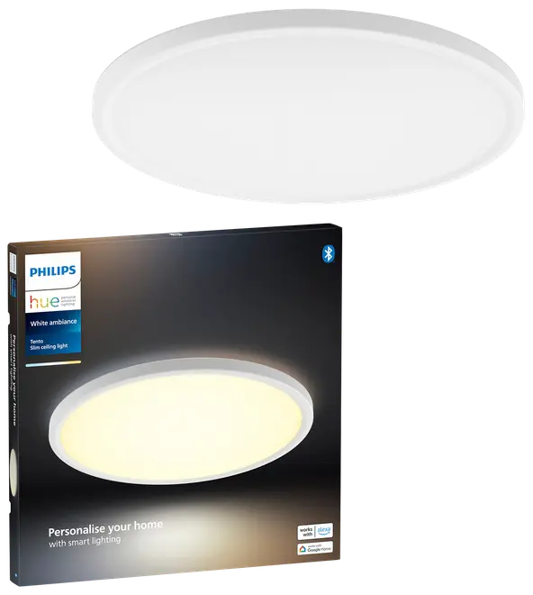 Rund, slank hvid loftslampe fra Philips Hue. Smart belysning, justerbar hvid ambiance, Bluetooth-forbindelse og kompatibel med Alexa og Google Home. Moderne, minimalistisk design.