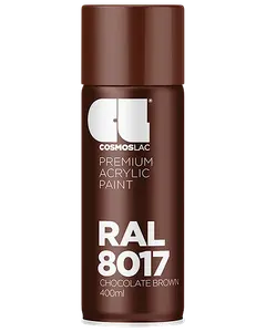 400 ml spraydåse med Cosmoslac premium akrylmaling i RAL 8017 chokoladebrun. Brun hætte og etiket med hvid tekst, velegnet til forskellige overflader og projekter.