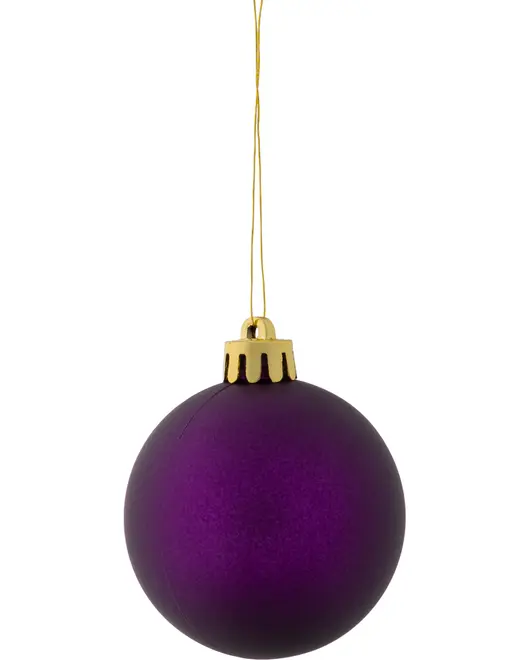Lilla juletræskugle med mat finish, guldfarvet top og ophængssnor. Perfekt til dekoration af juletræ, festlige arrangementer eller kreative projekter. Enkel og elegant.
