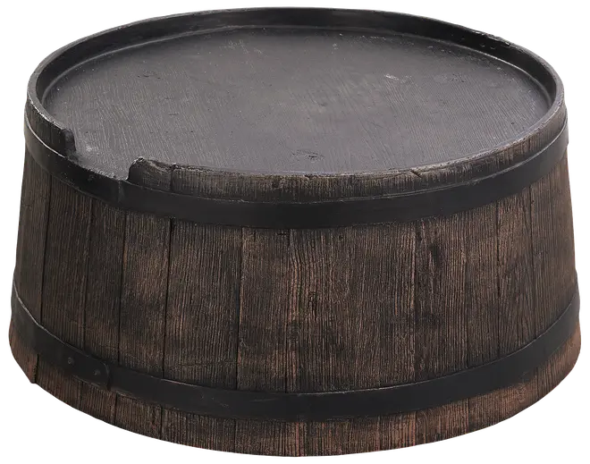 Rund træbalje plantekasse med mørkebrun finish, sorte metalbånd og træstruktur. Velegnet til udendørs havebrug, blomster eller dekoration. Robust og rustikt design.