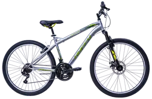 Silverfärgad mountainbike med framdämpning, 21-växlad växelsystem, svart sadel med gula detaljer, grova däck och raka styren. Passar terräng och stadscykling.