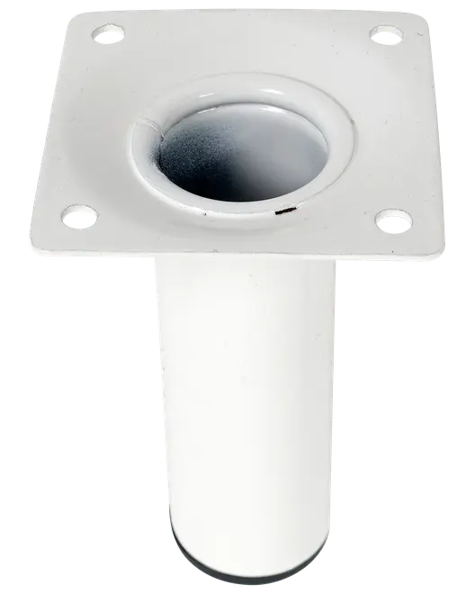 Hvidt metal stangholder med firkantet monteringsplade og fire skruehuller, designet til lodret fastgørelse af stænger. Robust konstruktion, velegnet til udendørs brug.