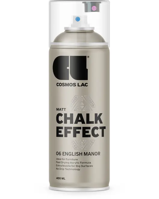 Cosmos Lac Matt Chalk Effect spraymaling, 400 ml, farve 06 English Manor. Ideel til møbler, hurtigtørrende akrylformel, ekstra dyse, drypfri teknologi, mat finish.