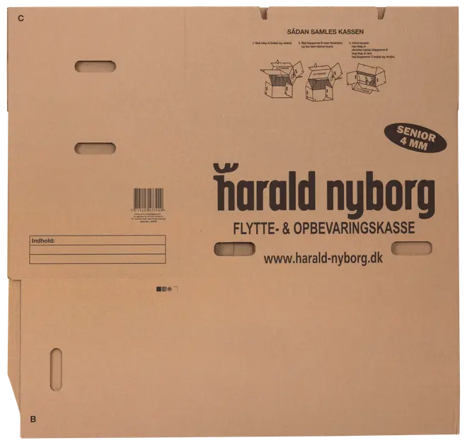 Brun flytte- og opbevaringskasse i pap, 4 mm tyk, med bærehuller, samleanvisning, mærkningsfelt og Harald Nyborg-logo. Velegnet til opbevaring og flytning.