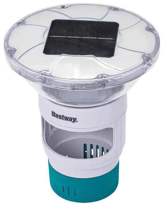 Flydende pool-klordispenser med solcelledrevet LED-lys, gennemsigtigt låg, justerbar ventil og turkis bund. Ideel til vedligeholdelse af poolvand og natbelysning.