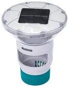 Flydende pool-klordispenser med solcelledrevet LED-lys, gennemsigtigt låg, justerbar ventil og turkis bund. Ideel til vedligeholdelse af poolvand og natbelysning.