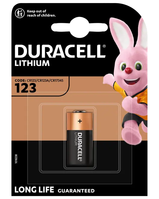 Duracell Lithium 123-batteri, enstycksförpackning, passar CR123/CR123A/CR17345-enheter. Lång livslängd garanteras, kopparfärgad topp, säker blisterförpackning.