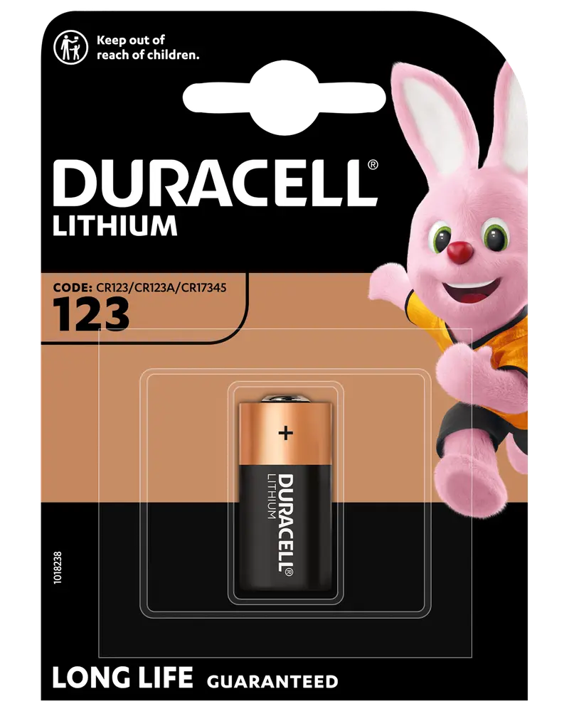 Duracell Lithium 123 batteri, enkeltpakning, passer til CR123/CR123A/CR17345 enheder. Lang levetid garanteret, kobbertop design, leveres i sikker blisterpakning.