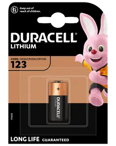 Duracell Lithium 123 batteri, enkeltpakning, passer til CR123/CR123A/CR17345 enheder. Lang levetid garanteret, kobbertop design, leveres i sikker blisterpakning.