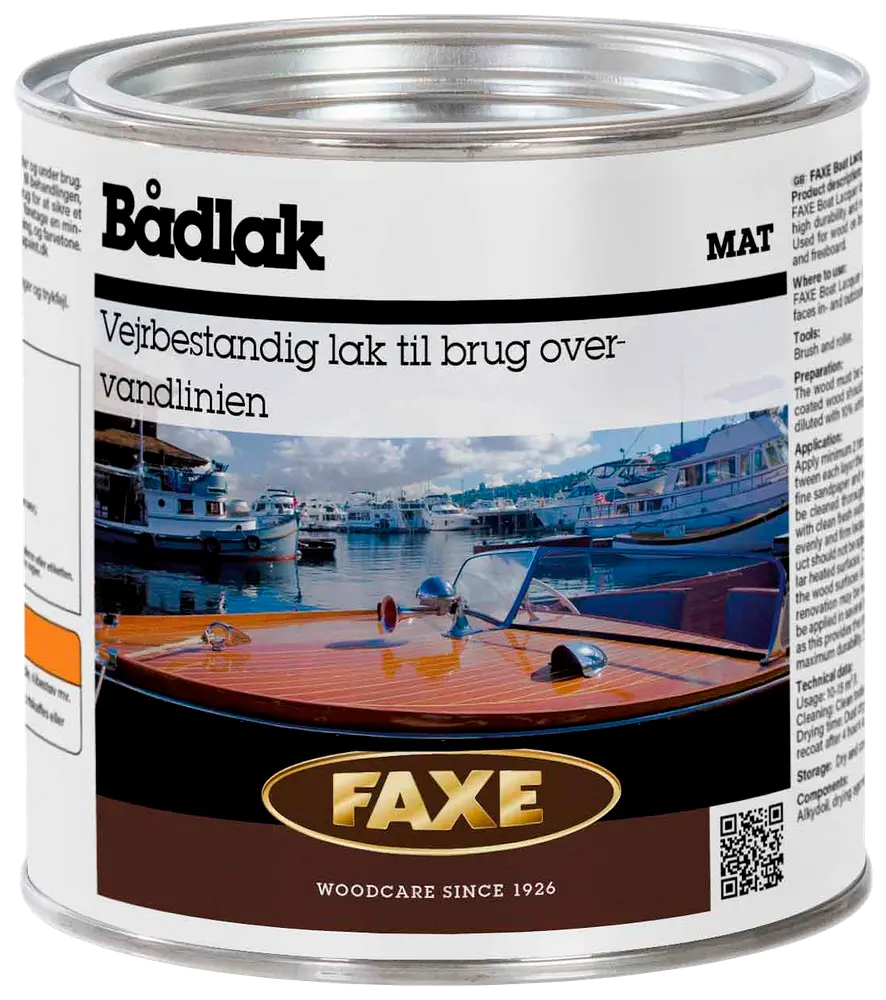 FAXE bådlak, mat finish, vejrbestandig lak til brug over vandlinjen. Metal dåse med etikette, viser træbåddæk og marina. Til træpleje siden 1926.