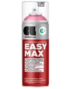 Cosmos Lac Easy Max akrylspraymaling, pink farve, 400 ml dåse. Velegnet til metal, træ, stof og plast. Giver dobbelt dækkeevne, tørrer hurtigt, satin finish.