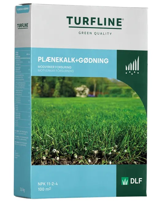 Låda med Turfline gräsmatte kalk och gödsel, 3,5 kg, räcker till 100 m². Innehåller NPK 11-2-4, motverkar försurning och ger grönare gräs.