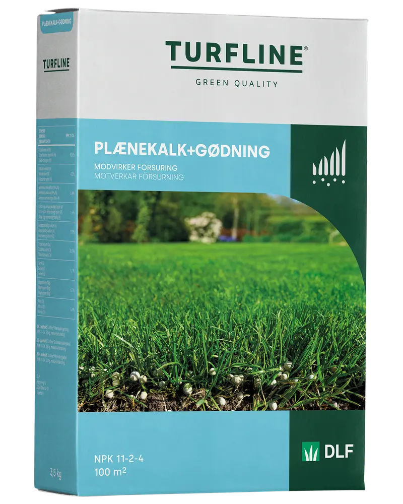 Låda med Turfline gräsmatte kalk och gödsel, 3,5 kg, räcker till 100 m². Innehåller NPK 11-2-4, motverkar försurning och ger grönare gräs.