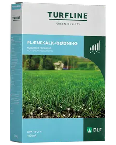 Låda med Turfline gräsmatte kalk och gödsel, 3,5 kg, räcker till 100 m². Innehåller NPK 11-2-4, motverkar försurning och ger grönare gräs.
