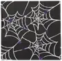Svart servett med vita spindelnätsmönster och lila spindlar. Perfekt för Halloweenfester. Tillverkad av papper, engångsbruk, fyrkantig och dekorativ.