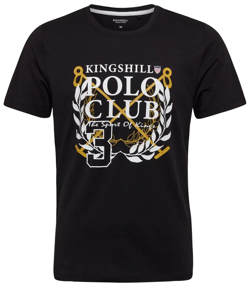 Svart t-shirt med "Kingshill Polo Club"-tryck, korsade poloklubbor, lagerkrans, siffran 5 och vita/guld detaljer. Rund hals, korta ärmar, avslappnad passform.
