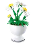 Vita prästkrageliknande blommor med gula mittpartier i en vit dekorativ kruka, byggd av klossar med gröna stjälkar och blad.