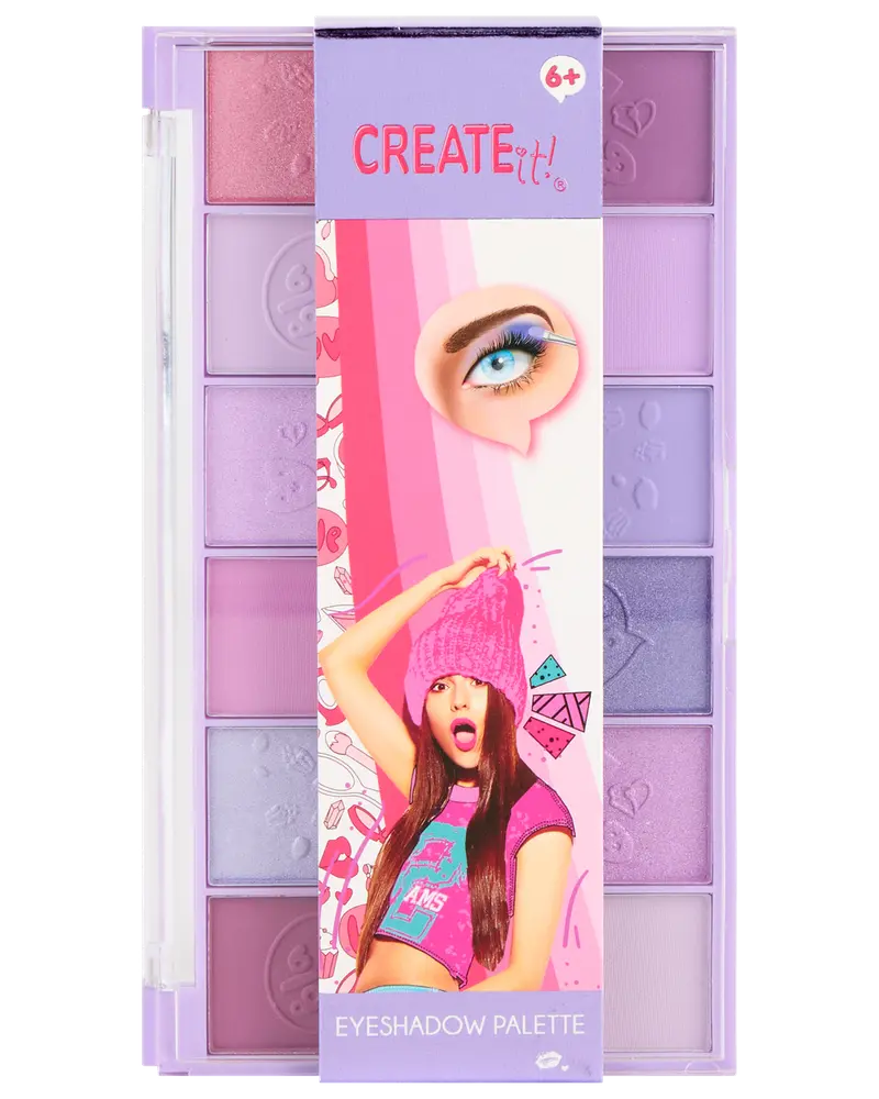 Create It! øjenskyggepalette til børn med tolv nuancer af pink, lilla og lyserød. Indeholder både matte og glitrende farver, egnet til børn fra 6 år.
