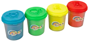 Sæt med fire Rainbow Bridge modellervoksbøtter i blå, grøn, gul og rød, hver med matchende låg med dyreform. Velegnet til kreativ leg og håndværk.