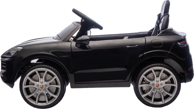 Sort elektrisk legetøjsbil til børn, designet som en luksus-SUV. Har detaljerede hjul, åbent tag, enkelt sæde, rat og realistiske udvendige detaljer. Velegnet til små børn.