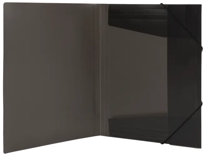 Svart plastmapp med resårstängning, öppen för att visa insidan. Två hörnflikar håller papper, expanderbar rygg för extra kapacitet.