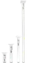 Sæt med fire hvide PVC-rør med flange, forskellige længder, cylindrisk form, glat overflade, stregkode og mærkat på hvert, designet til VVS eller ventilation, holdbare og nemme at montere.