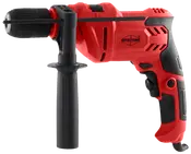 Rød og sort elektrisk boremaskine med ergonomisk håndtag, sidegreb og justerbar dybdestop. Velegnet til boring i forskellige materialer. Mærke: Mitsutomo. Ledningsdrevet model.